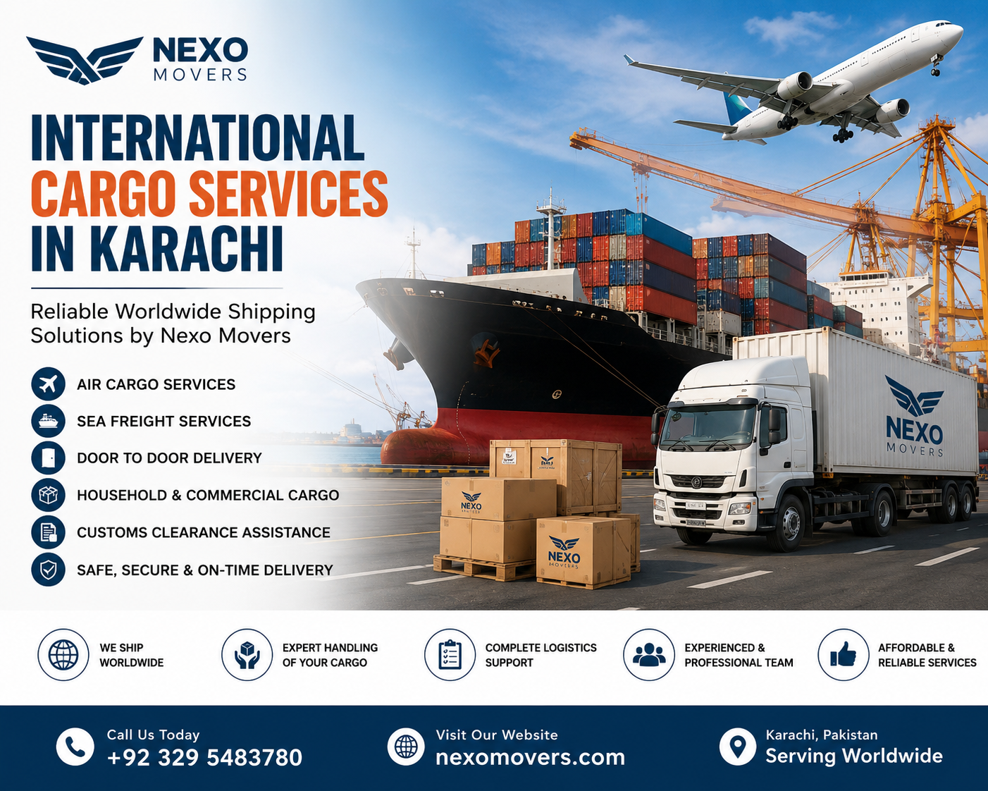 International Cargo Services in Karachi by Nexo Movers offering air and sea freight, door to door shipping, and worldwide cargo solutions from Pakistan
