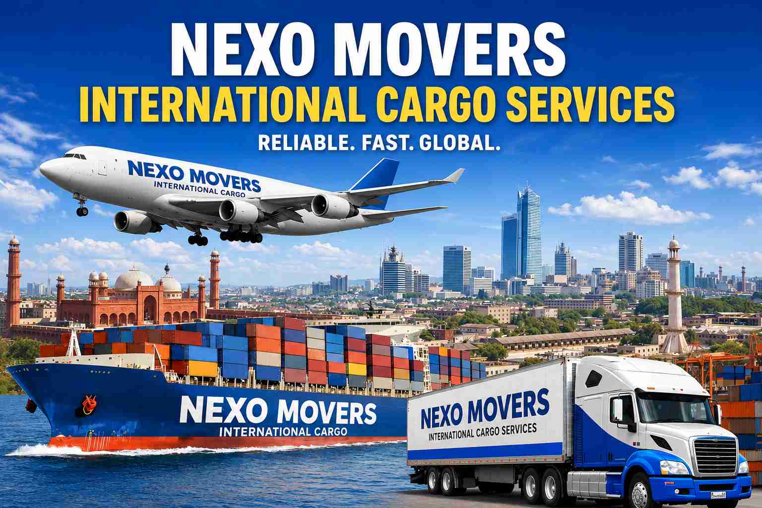 Nexo Movers International Cargo Services in Lahore offering air cargo, sea freight, and worldwide shipping with contact number 0329 5483780