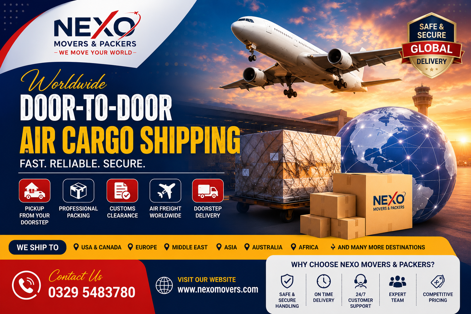 Nexo Movers & Packers worldwide door-to-door air cargo shipping services with international freight delivery, cargo aircraft, global logistics network, customs clearance, professional packing, and worldwide shipping solutions.