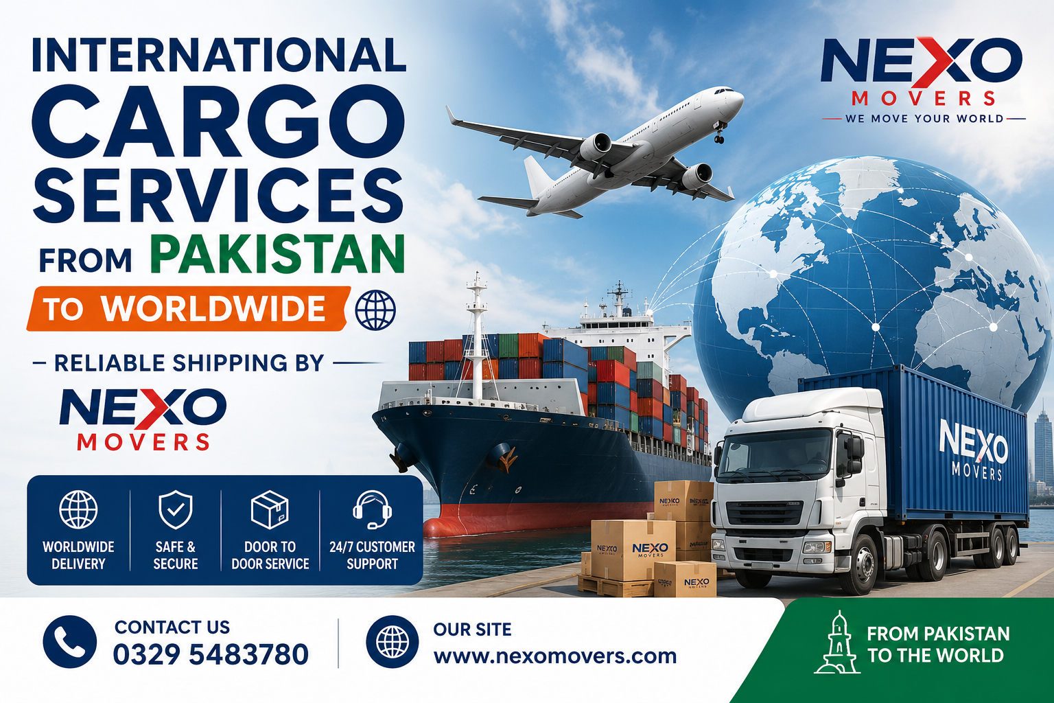 International cargo services from Pakistan to worldwide destinations by NEXO Movers. Reliable air freight, sea freight, and road cargo shipping with secure door-to-door delivery.