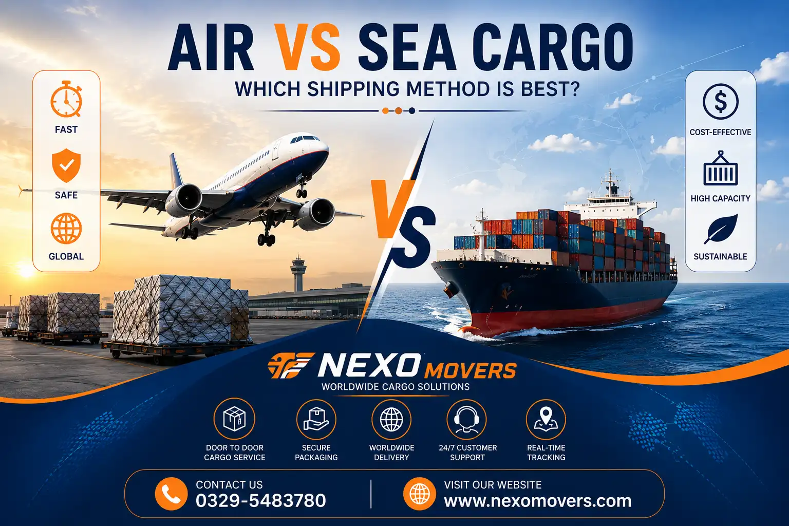 Air vs Sea Cargo comparison image by Nexo Movers showing airplane freight and container ship for international cargo shipping services.